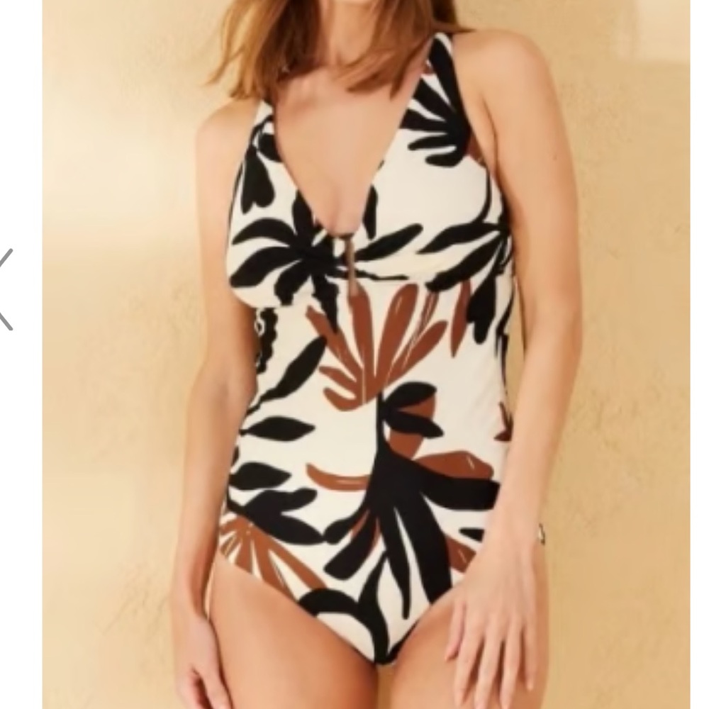 Shade & Shore White One-Piece Swimsuit with Black & Brown Leaf Print